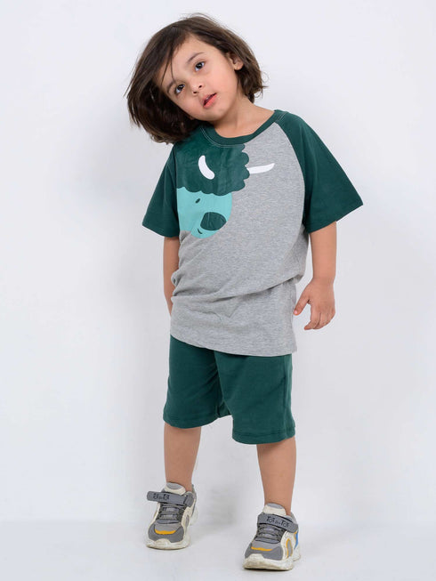 Oversized Mighty Monster Raglan Cotton Short Set (Green-Gray)